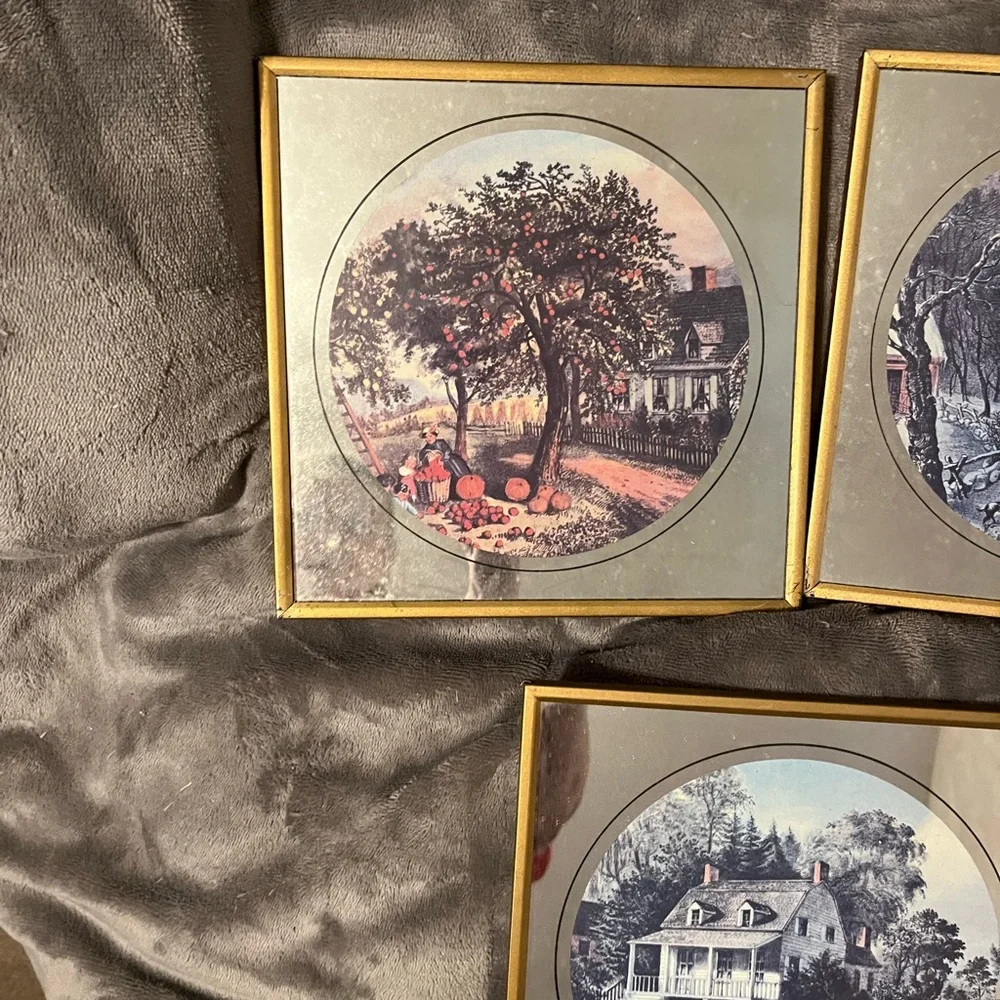 Vintage-Style Farmhouse Scene Wall Art - Set of 4 - Gold Frames